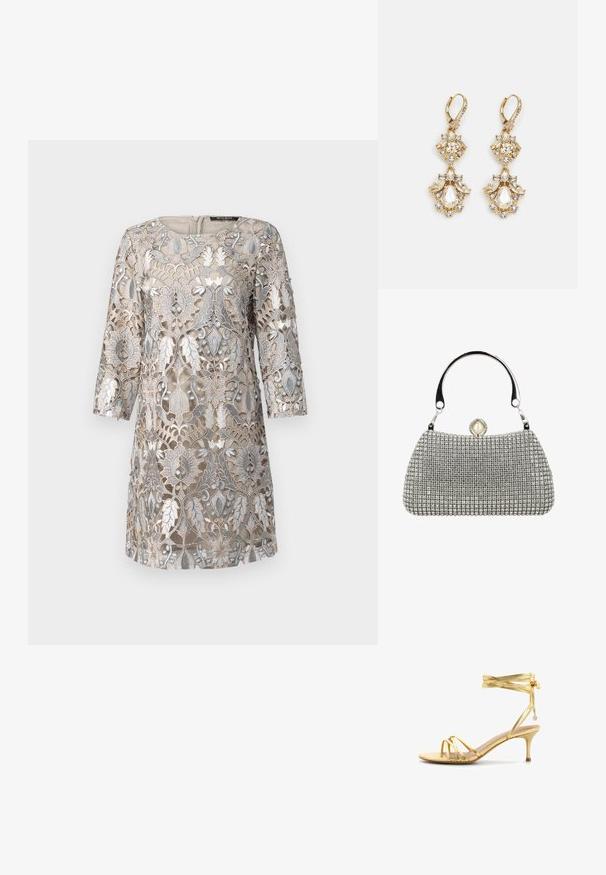 Robe beige avec une délicate superposition de dentelle florale argentée, manches trois-quarts, encolure ronde et fermeture éclair au dos. Détails de design texturé.; Sandale dorée à brides avec un petit talon aiguille et des liens à nouer autour de la cheville, terminés par de petits charms métalliques.; Pochette de soirée en maille argentée avec une anse supérieure métallique et une fermeture à clapet ornée de perles.; Boucles d'oreilles pendantes dorées présentant un design en grappe avec des cristaux clairs ronds et en forme de goutte, mettant en valeur des détails élaborés.