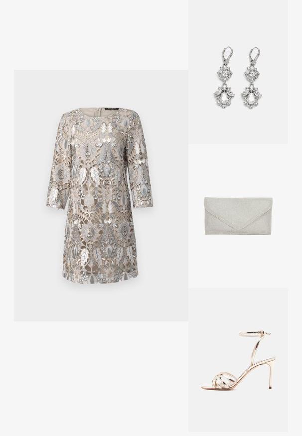 Robe beige avec une délicate superposition de dentelle florale argentée, manches trois-quarts, encolure ronde et fermeture éclair au dos. Détails de design texturé.; Sandale à talons hauts métallisée or avec plusieurs fines lanières sur les orteils et une bride à la cheville avec fermeture à boucle.; Pochette argentée avec une surface texturée de petits perles brillantes. Présente une forme d'enveloppe et un rabat en forme de triangle.; Boucles d'oreilles en métal argenté ornées de plusieurs pierres précieuses en cristal transparent en forme de goutte et de marquise, avec des fermoirs à levier et des détails complexes.