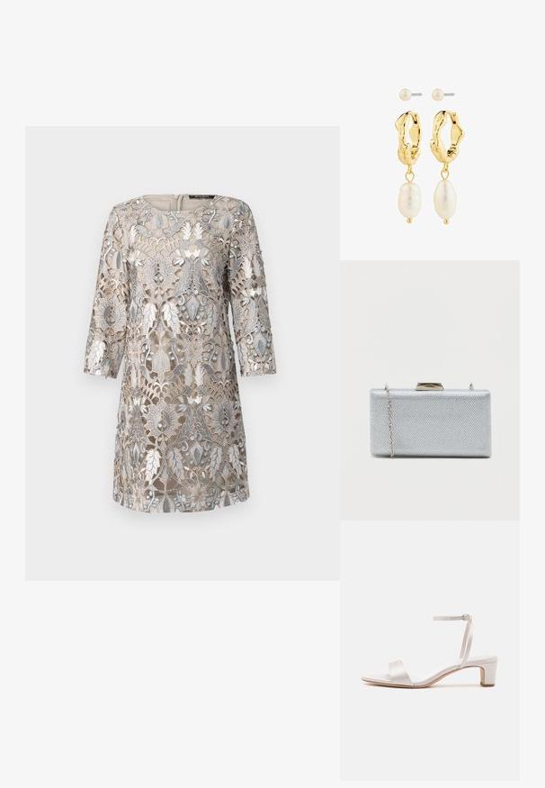 Beige kjole med intrikate sølv blomsterblonder, trekvartærmer, rund halsudskæring og lynlås i ryggen. Tekstureret design detalje.; Loeffler Randall ALICE - Sandaler - cream; Rektangulær sølvclutch lavet af struktureret metallisk stof, med en klipslukning og et aftageligt kædetræk til at bære.; Guld-tone hoops øreringe med tekstureret design, prydet med hvide ovale og runde perler hængende fra hver hoop. Enkle stud øreringe inkluderet.