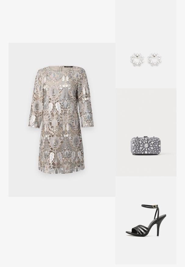 Robe beige avec une délicate superposition de dentelle florale argentée, manches trois-quarts, encolure ronde et fermeture éclair au dos. Détails de design texturé.; Sandales à talons hauts noires avec des lanières, une fine sangle à la cheville, un bout ouvert et une finition lisse. Présente un talon élancé et un design de lanières texturées.; Petit sac pochette rectangulaire gris foncé orné de strass clairs disposés en motif rayonnant, avec une bandoulière chaîne argentée.; Boucles d'oreilles circulaires en métal, ornées de plusieurs pierres transparentes et facettées disposées dans un motif étincelant. Incolores et réfléchissantes.