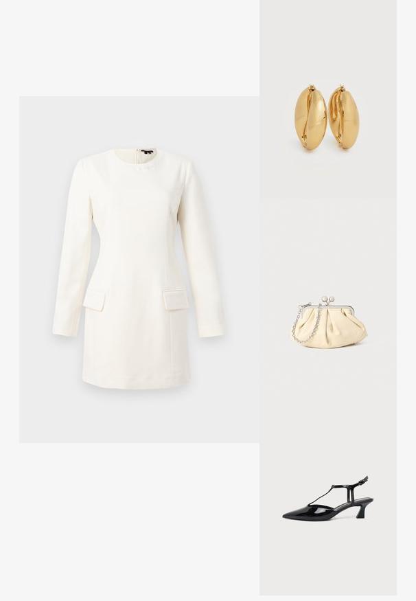 Vestido blanco de manga larga con escote redondo, silueta ajustada, dos bolsillos frontales y un sutil logo grabado cerca del cuello. Textura de tela suave.; Zapato slingback de cuero charol negro con punta fina, tira en T y tacón bajo en bloque inclinado sobre fondo blanco.; Clutch de cuero beige plisado con un marco de metal plateado, que cuenta con dos broches decorativos redondos y una correa de cadena plateada.; Par de pendientes de aro gruesos con acabado dorado pulido, con un diseño ligeramente ovalado y robusto, con cierres de bisagra sobre un fondo blanco.