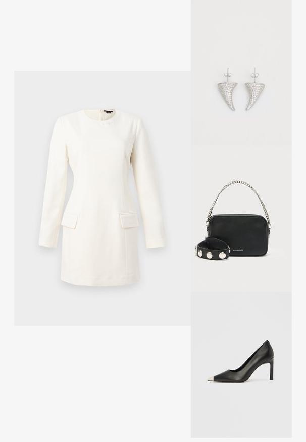 Vestido blanco de manga larga con escote redondo, silueta ajustada, dos bolsillos frontales y un sutil logo grabado cerca del cuello. Textura de tela suave.; Zapato de tacón alto de cuero negro con punta en forma de pico y una tapa metálica plateada. Presenta un acabado suave y un tacón delgado de 10 cm.; Bolso bandolera de cuero negro con acabado texturizado, correa de cadena plateada y correa de muñeca negra con tachuelas. Cuenta con cierre superior con cremallera y detalle de logo.; Pendientes en forma de cuerno plateado, engastados con pequeñas piedras transparentes, que cuentan con un cierre trasero para su sujeción. Textura suave y acabado metálico.