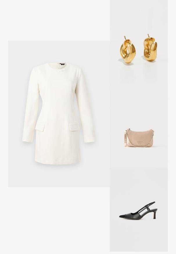 Weißes Langarmkleid mit rundem Halsausschnitt, taillierter Silhouette, zwei vorderen Taschen und einem dezent geprägten Logo am Hals. Sanfte Stofftextur.; Schwarzer Slingback-Schuh aus Leder mit spitz zulaufender Zehenpartie, versehen mit glänzendem Akzent auf der Vorderkappe und mittelhohem Absatz. Offenes Seitendesign.; Helle rosafarbene Handtasche mit geschwungener Silhouette, glattem Leder und einer Kettenriemen. Auf der Vorderseite befindet sich ein Logo-Patch.; Fette goldene Creolen mit einem leicht verdrehten, röhrenförmigen Design und Steckverschlüssen auf einem weißen Hintergrund.