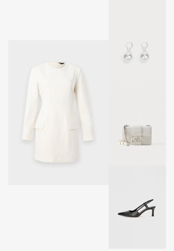 Vestido blanco de manga larga con escote redondo, silueta ajustada, dos bolsillos frontales y un sutil logo grabado cerca del cuello. Textura de tela suave.; Zapato slingback de cuero negro con punta afilada, con un acento brillante en la puntera y un tacón de altura media. Diseño con lateral abierto.; Bolso bandolera de piel blanca con correa de cadena plateada y prominente hebilla con el logo "AX" plateado en la solapa frontal.; Pendientes de plata en forma de gota con superficies redondas y reflectantes colgando de cierres de palanca. El fondo es blanco liso.