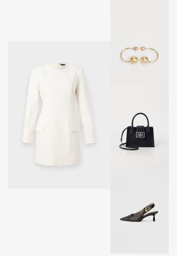 Witte lange mouw jurk met een ronde halslijn, aansluitende pasvorm, twee voorke pockets en een subtiele reliëflogo bij de hals. Gladde stofstructuur.; Zwarte slingback hoge hak schoenen met een spitse neus, een gladde leren textuur en een gouden gespaccent op de band.; Zwarte leren handtas met een gestructureerd ontwerp, bovenhandvatten en een afneembare schouderriem. Bevat een zilverkleurig logo plaatje en een soepele textuur.; Gouden metalen oorbellen met een circulair ontwerp met twee bollen, één grotere met textuur en een kleinere gepolijste bal aan de bovenkant.