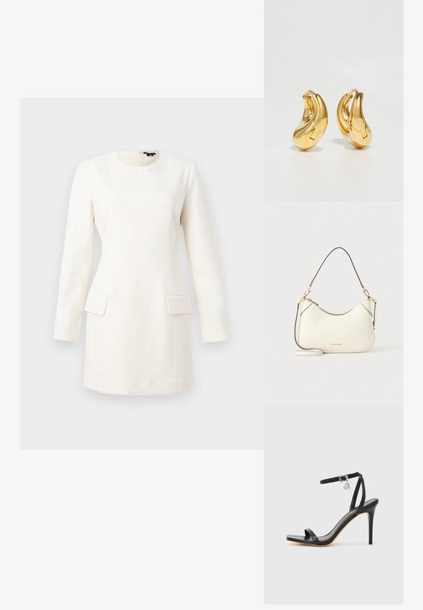 Weißes Langarmkleid mit rundem Halsausschnitt, taillierter Silhouette, zwei vorderen Taschen und einem dezent geprägten Logo am Hals. Sanfte Stofftextur.; Schwarze High-Heel-Sandale mit schmalem Knöchelriemen, quadratischer Zehenbox, glattem Leder und metallischem Schnallenakzent.; Weiße Schultertasche aus Leder mit goldener Hardware, schwarzen Akzenten und abnehmbarem Riemen. Michael Kors Logo in Gold unten mittig.; Goldene Creolen mit einer glatten, geschwungenen Form und polierter Oberfläche. Mit einem Verschlussmechanismus und leichten Einkerbungen für Details.
