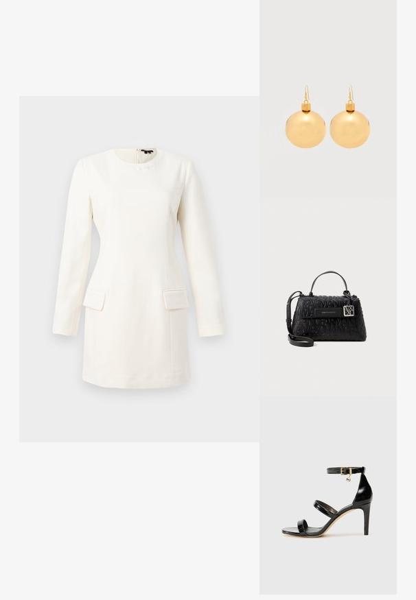 Vestido blanco de manga larga con escote redondo, silueta ajustada, dos bolsillos frontales y un sutil logo grabado cerca del cuello. Textura de tela suave.; Sandalia de charol negro con tres correas, hebilla en el tobillo y tacón de aguja de 10 cm. Presenta detalles de hardware en oro y un charm con el logo.; Bolso de mano negro hecho de material texturizado, que presenta un logo en relieve, un asa superior y una correa de hombro desmontable con herrajes plateados.; Par de pendientes de bola navideña dorados brillantes con cierre de gancho sobre un fondo blanco liso.