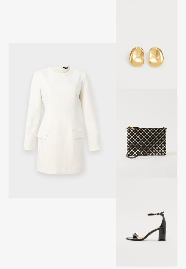 Robe blanche à manches longues avec un col rond, silhouette ajustée, deux poches avant et un logo en relief subtil près du cou. Texture de tissu lisse.; Sandale à talon haut en cuir verni noir avec bride à la cheville et boucle dorée, bout ouvert et talon bloc sur fond blanc.; Pochette bracelet noire et beige à motifs avec une fermeture éclair dorée et une sangle noire amovible, présentée sur fond blanc.; Boucles d'oreilles en forme de clou de couleur or, avec une forme lisse et arrondie et une surface réfléchissante, mettant en avant un design minimaliste sans motifs visibles.