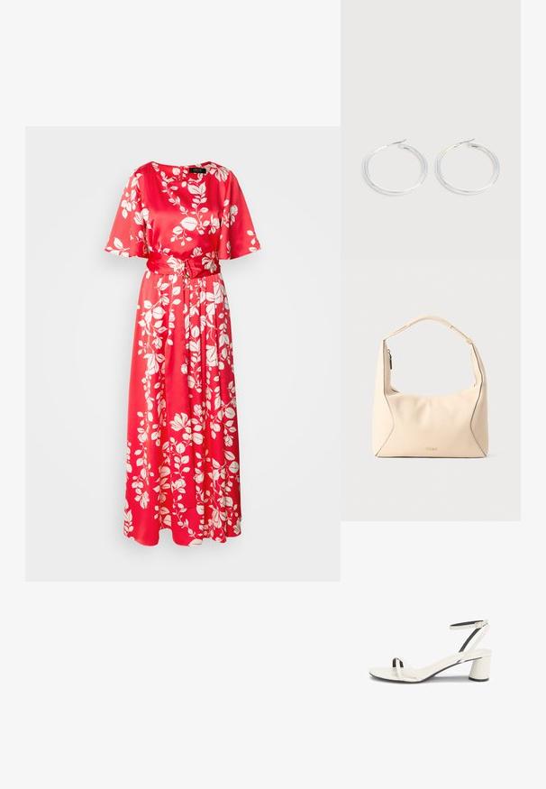 Robe maxi florale rouge en satin. Dotée d'un col rond, de manches courtes et d'une ceinture en tissu, décorée de motifs de feuilles blanches.; Sandale blanche à bout ouvert avec talon carré bas, fine bride avant et bride de cheville avec boucle dorée, vue de profil sur fond blanc.; Sac à main en cuir couleur crème avec poignée tressée et fermeture éclair dorée, avec un logo "HUGO" embossé subtil au centre avant.; Paire de boucles d'oreilles créoles argentées brillantes avec fermoirs en fil fin, présentée sur un fond gris clair.