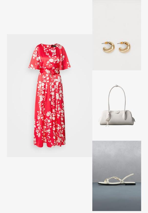 Robe maxi florale rouge en satin. Dotée d'un col rond, de manches courtes et d'une ceinture en tissu, décorée de motifs de feuilles blanches.; Sandale plate blanche à fines lanières avec boucle à la cheville, flottant au-dessus d'un sol en dalles de bois en plein air, près de la verdure et d'un mur en pierre grise.; Sac à bandoulière blanc Calvin Klein avec longues poignées, forme rectangulaire, fermeture éclair et charm logo décoratif suspendu près de la poignée.; Deux boucles d'oreilles en forme de cerceau en or brillant, avec un design courbé, présentant des accents orange près de la tige, sur fond blanc uni.