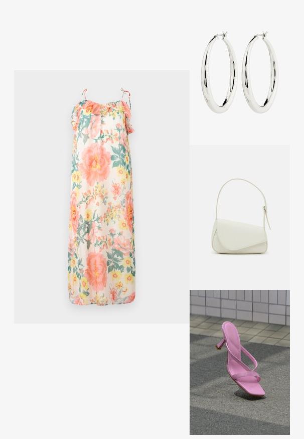 Blomster maxi kjole i pastelfarver, med volangstropper, en løs pasform og et let, gennemsigtigt stof med pink og gule blomstermønstre.; Lyserød sandal med høje hæle, tynde stropper og firkantet tå, placeret på asfalt nær flisebelagt væg i baggrunden.; Hvid taske i faux læder med en struktureret trekantet form, enkelt justerbart skulderstrop og en flaplås med kurver.; Sølv hoops øreringe med en glat, reflekterende overflade. Rund, stor form med en sikker lås øverst. Den polerede finish fremhæver glansen.