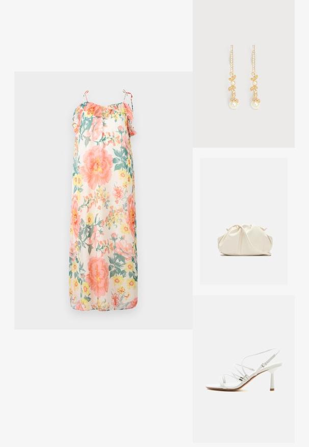 Blomster maxi kjole i pastelfarver, med volangstropper, en løs pasform og et let, gennemsigtigt stof med pink og gule blomstermønstre.; Hvid højhælet sandal med tynde stropper, sølvdetaljer, firkantet tå og en slank mellemhøj hæl på en ens hvid baggrund.; Blød, cremefarvet læder clutch taske med samlet, rynket design og en tynd skulderrem, der hviler foran på en ensfarvet baggrund.; Øreringe i guldfarve med lodrette rækker af små krystaller, bladformede detaljer og hængende runde hvide perler.