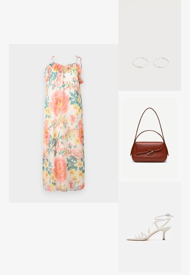 Blomster maxi kjole i pastelfarver, med volangstropper, en løs pasform og et let, gennemsigtigt stof med pink og gule blomstermønstre.; Hvid damesandal med tynde hæle, tre stropper foran og en ankelrem med en sølvspænde.; Brun skuldertaske i læder med afrundet rektangulær form, asymmetrisk klap, sølvfarvet rund lukning og to tynde stropper.; To enkle, tynde sølvøreringe med en subtil buet detalje på en hvid baggrund.