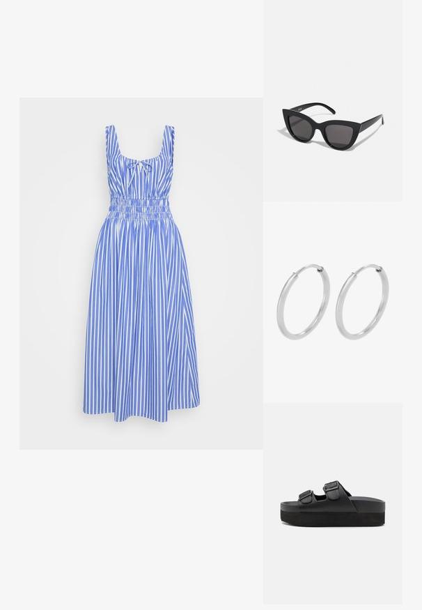 Blau-weiß gestreiftes Kleid mit taillierter Oberseite, breiten Trägern und elastischem Bund. Der Rock reicht bis zum Knie. Baumwollmaterial.; Schwarze Plattform-Sandalen aus glattem Material, mit zwei verstellbaren Riemen mit Schnallen und einer strukturierten Sohle für besseren Halt.; Schwarze Cat-Eye-Sonnenbrille mit matter Oberfläche, grauen getönten Gläsern, scharfen Kanten und schlanken Bügeln. Der Markenname ist auf dem inneren Bügel sichtbar.; Silberne Creolen, kreisförmig, mit glatter, glänzender Oberfläche und gleichbleibender Breite. Minimalistisches Design ohne zusätzliche Akzente.