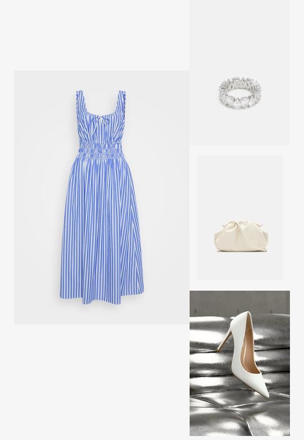 Vestido de rayas azul y blanco con un cuerpo entallado, tirantes anchos y una cintura elasticada. La falda llega hasta la rodilla. Material de algodón.; Zapato blanco de tacón alto con diseño de punta puntiaguda, superficie mate y lisa, y un interior nude, colocado sobre una superficie metálica brillante.; Bolso de mano de cuero suave de color crema con diseño fruncido y plisado y una delgada correa para el hombro que descansa delante sobre un fondo liso.; Anillo de piedra preciosa transparente con una banda continua, que presenta piedras en forma de pera engastadas en metal tono plata, mostrando acentos abiertos para la exposición de la luz.