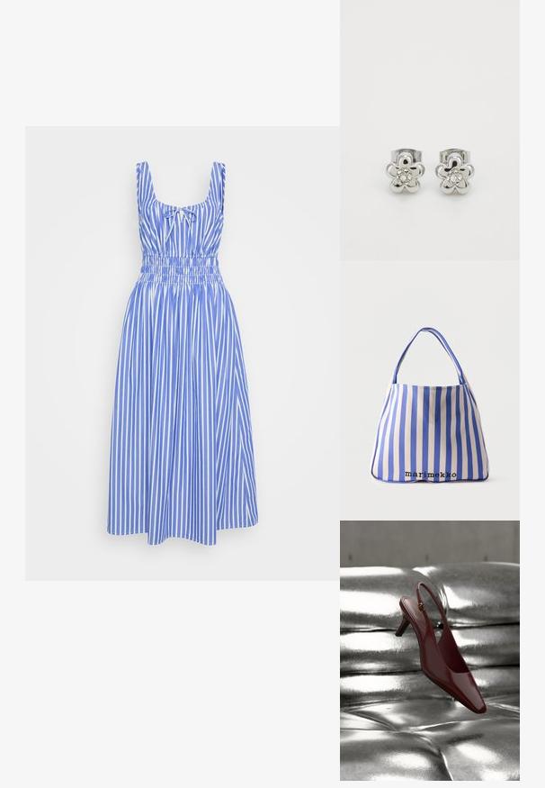 Vestido de rayas azul y blanco con un cuerpo entallado, tirantes anchos y una cintura elasticada. La falda llega hasta la rodilla. Material de algodón.; Zapato slingback de charol rojo con punta puntiaguda y tacón pequeño, con un detalle dorado cerca de la correa del tobillo.; Bolso tote con rayas verticales azules y blancas, asas anchas y logo "marimekko" cerca del centro inferior sobre un fondo liso.; Pendientes de metal plateado en forma de flor con un detalle central de cristal, con un acabado pulido y un diseño de clip.