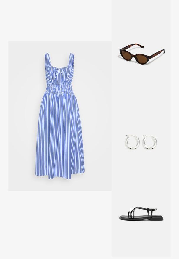 Vestido de rayas azul y blanco con un cuerpo entallado, tirantes anchos y una cintura elasticada. La falda llega hasta la rodilla. Material de algodón.; Sandalias planas negras con tiras ajustables finas, con una pala rectangular y un acabado mate texturizado. Presentan un tacón bajo ligeramente cuadrado.; Gafas de sol de carey marrón con una forma vintage de ojo de gato y lentes marrones. Presentan brazos curvados con acentos rojos.; Pendientes de aro de plata con un acabado pulido, que presentan una forma circular y un cierre de gancho. Textura suave con detalles mínimos.