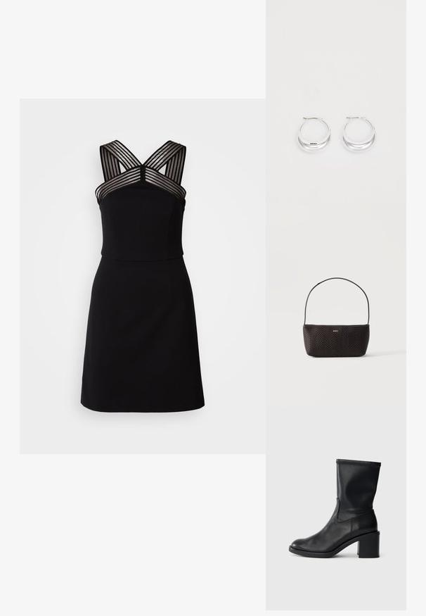 Schwarzes Kleid mit angepastem Oberteil, das transparente gestreifte Details an den Schultern und einen weit ausgestellten Saum aufweist. Glatter Stoff ohne Muster.; Schwarze Leder-Ankle Boots mit runder Zehenform, glatter Oberfläche und dicker Absatz, ausgestattet mit einem eng anliegenden Schaft und subtilen Nähten.; Schwarze gewebte strukturierte Handtasche mit einem einzelnen Schulterriemen und kleinem goldfarbenem "BOSS"-Logo vorne mittig.; Silberne Creolen mit glänzender Oberfläche und DKNY-Logo, vor einem schlichten weißen Hintergrund präsentiert.