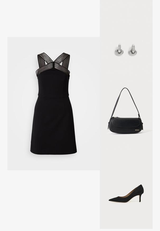 Zwarte jurk met een aansluitende corsage, voorzien van doorzichtige gestreepte details op de schouders en een uitlopende zoom. Glad materiaal zonder patronen.; Zwarte suède pumps met spitse neus, een slanke middenhoge naaldhak en een laag uitgesneden ontwerp op een effen achtergrond.; Zwarte leren schoudertas met gebogen klep, gouden "HUGO" logo aan de voorkant en een enkele verstelbare riem.; Een paar kleine, glanzende zilveren creolen met een ronde basis, afgebeeld op een effen lichte achtergrond.