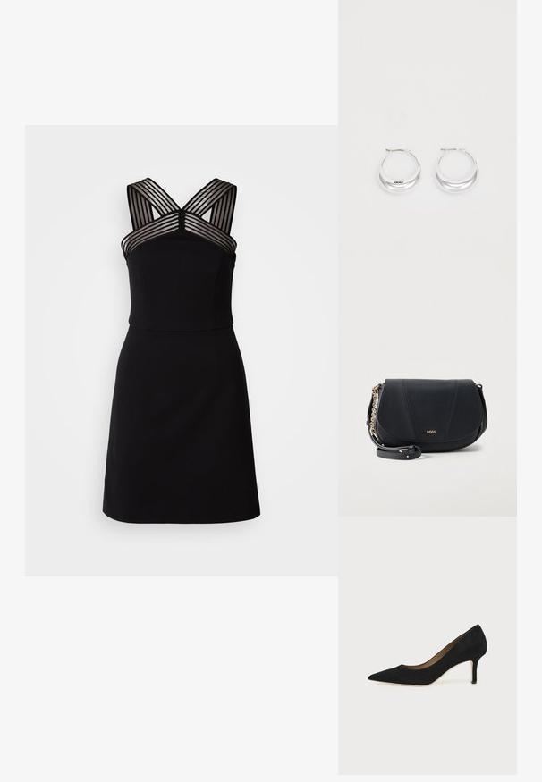 Vestido negro con un corpiño ajustado, que presenta detalles de rayas transparentes en los hombros y un dobladillo acampanado. Tela suave sin patrones.; Salón de ante negro con punta puntiaguda, tacón de aguja delgado de altura media y diseño de corte bajo sobre un fondo liso.; Bolso bandolera de cuero negro con detalle de cadena dorada y logotipo "BOSS" grabado en la solapa central delantera.; Pendientes de aro de plata con un acabado pulido y la marca DKNY, exhibidos sobre un fondo blanco liso.
