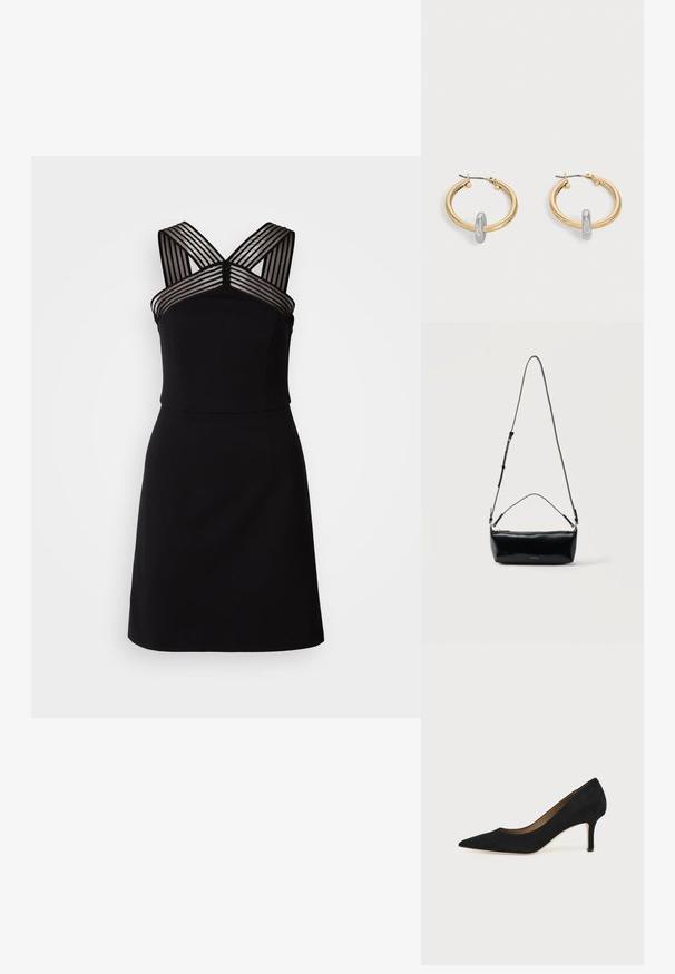 Zwarte jurk met een aansluitende corsage, voorzien van doorzichtige gestreepte details op de schouders en een uitlopende zoom. Glad materiaal zonder patronen.; Zwarte suède pumps met spitse neus, een slanke middenhoge naaldhak en een laag uitgesneden ontwerp op een effen achtergrond.; Zwarte rechthoekige leren crossbodytas met verstelbare schouderriem, bovenrits en klein gouden Calvin Klein-logo aan de voorkant.; Paar goudkleurige creolen met kleine zilverkleurige lusdetail op elk, weergegeven tegen een lichtgrijze achtergrond.