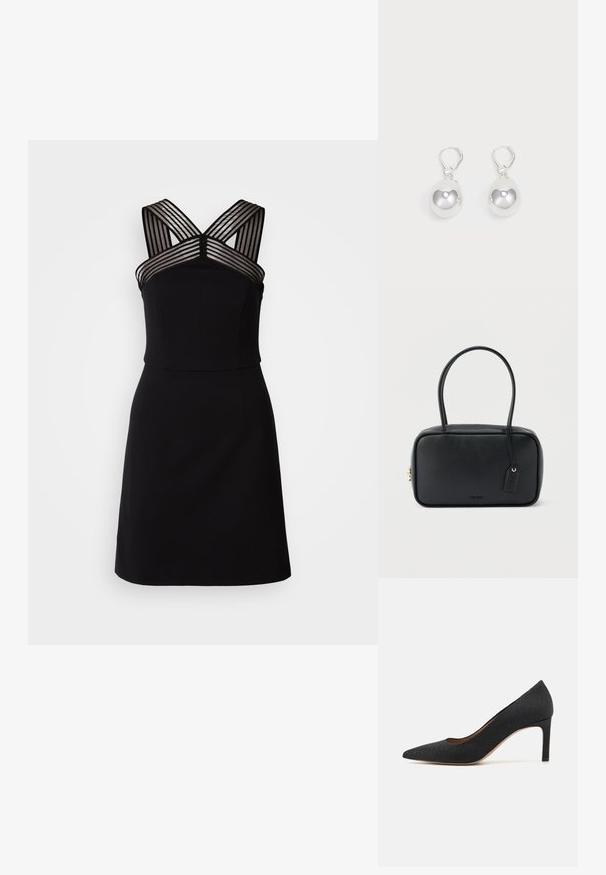 Vestido negro con un corpiño ajustado, que presenta detalles de rayas transparentes en los hombros y un dobladillo acampanado. Tela suave sin patrones.; Zapato de tacón alto negro con puntera afilada, superficie texturizada, tacón delgado de 3 pulgadas y un forro interior suave, diseñado con una silueta clásica.; Bolso rectangular negro con asas dobles redondeadas, cremallera dorada y logo "HUGO" en relieve en el frente con etiqueta de cuero adjunta.; Pendientes de plata en forma de gota con superficies redondas y reflectantes colgando de cierres de palanca. El fondo es blanco liso.