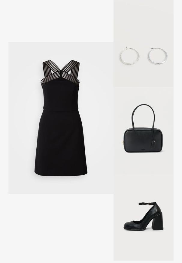 Zwarte jurk met een aansluitende corsage, voorzien van doorzichtige gestreepte details op de schouders en een uitlopende zoom. Glad materiaal zonder patronen.; Zwarte leren hoge hak met afgeronde neus en verstelbare enkelband met gouden gesp op een effen lichte achtergrond.; Zwarte rechthoekige handtas met dubbele afgeronde handvaten, gouden ritssluiting en geperst "HUGO" logo aan de voorkant met een aangehecht lederen label.; Zilverkleurige metalen creolen oorbellen met een glad, licht gebogen oppervlak en sluitingen met haaksluiting op een effen witte achtergrond.