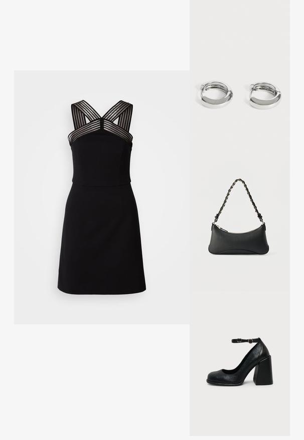 Schwarzes Kleid mit angepastem Oberteil, das transparente gestreifte Details an den Schultern und einen weit ausgestellten Saum aufweist. Glatter Stoff ohne Muster.; Schwarzer Leder-Pumps mit abgerundetem Zehenbereich und verstellbarem Knöchelriemen mit goldener Schnalle auf schlichter heller Hintergrundfläche.; Schwarze Lederschultertasche mit gewölbter rechteckiger Form, goldener Kette, die in den geflochtenen schwarzen Riemen eingewebt ist, und Reißverschlussverschluss oben.; Paar kleine, glänzende silberne Creolen mit glatten, abgerundeten Oberflächen auf einfachem weißem Hintergrund.