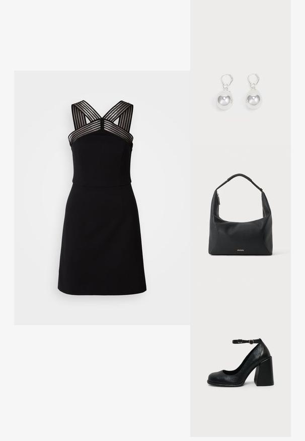 Vestido negro con un corpiño ajustado, que presenta detalles de rayas transparentes en los hombros y un dobladillo acampanado. Tela suave sin patrones.; Zapato negro de cuero con tacón alto, punta redondeada y correa ajustable en el tobillo con hebilla dorada sobre fondo liso claro.; Bolso de hombro de cuero negro con asa trenzada, detalle de cremallera dorada y pequeño logo "HUGO" dorado en el centro frontal.; Pendientes de plata en forma de gota con superficies redondas y reflectantes colgando de cierres de palanca. El fondo es blanco liso.