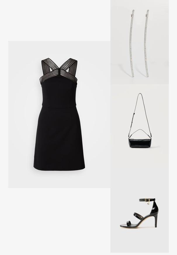 Schwarzes Kleid mit angepastem Oberteil, das transparente gestreifte Details an den Schultern und einen weit ausgestellten Saum aufweist. Glatter Stoff ohne Muster.; Schwarze Lackleder-Sandale mit drei Riemen, Knöchelriemen und 10 cm hohen Stiletto-Absatz. Verfügt über goldfarbene Hardware-Details und ein Logo-Charm.; Schwarze rechteckige Leder-Umhängetasche mit verstellbarem Schulterriemen, Reißverschluss oben und kleinem goldfarbenem Calvin Klein-Logo vorne.; Silberne, verlängerte Ohrringe mit geschwungenem Design, die eine Reihe von klaren Kristallen entlang der äußeren Kanten aufweisen, um zusätzliche Funkelns zu verleihen.