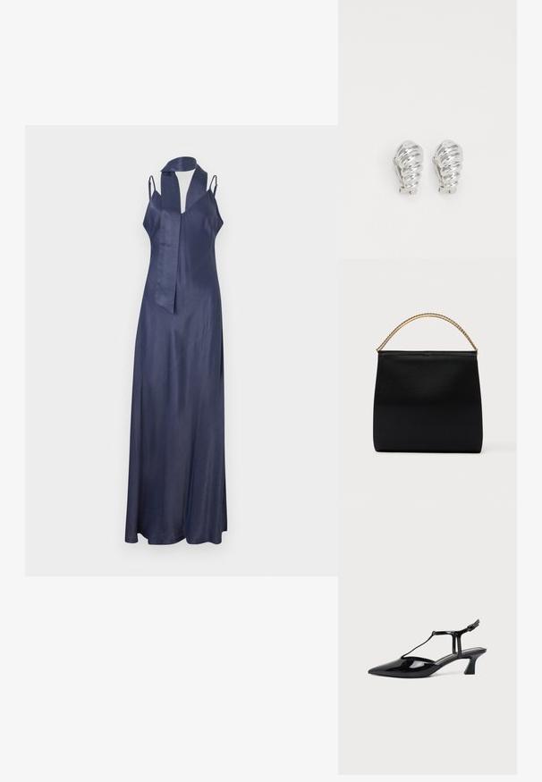 Robe en satin bleu marine avec un col en V, des bretelles fines et une silhouette longue et fluide. Présente un accent de cou à nouer soi-même. Texture lisse.; Chaussure slingback en cuir verni noir à bout pointu avec bride en T et petit talon bloc incliné sur fond blanc.; Sac noir en tissu lisse, présentant une forme structurée, une poignée en chaîne dorée et un design géométrique minimaliste.; Boucles d'oreilles en clip argentées avec un design en spirale, présentant une texture métallique lisse et des formes arrondies. Pas d'embellissements ou de motifs visibles.