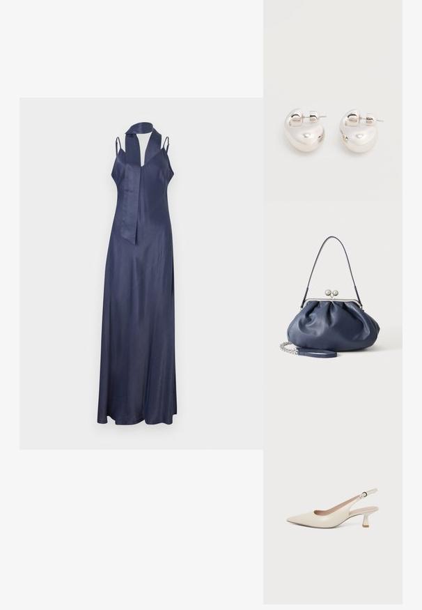 Robe en satin bleu marine avec un col en V, des bretelles fines et une silhouette longue et fluide. Présente un accent de cou à nouer soi-même. Texture lisse.; Chaussure slingback couleur crème à bout pointu avec un petit talon bas incurvé et une bride réglable à boucle.; Sac à main en cuir bleu marine doux avec fermeture à boucle argentée, une seule bandoulière, et une chaîne de poignet amovible sur fond blanc.; Paire de boucles d'oreilles argentées brillantes et épaisses avec fermoirs à tige, sur fond blanc uni.