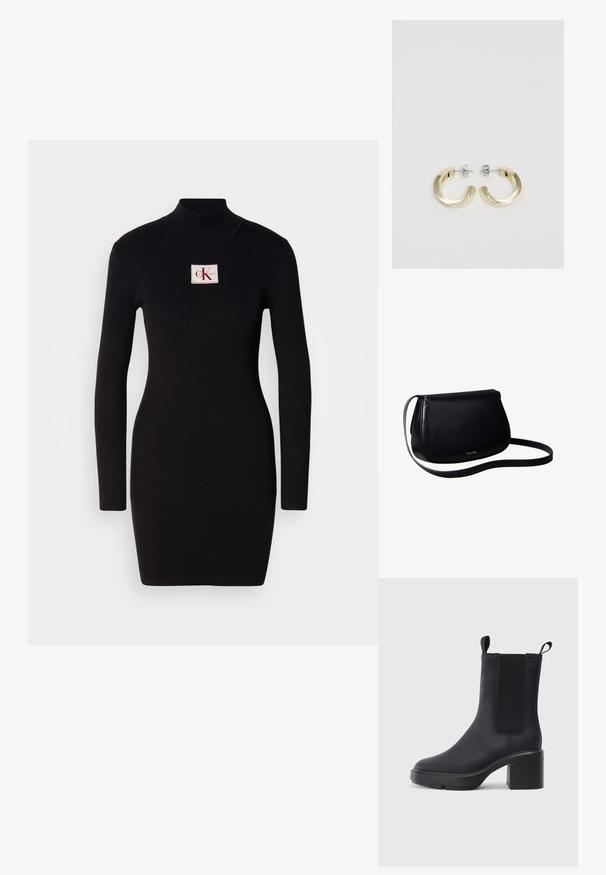 Schwarzes, geripptes Langarmkleid mit hohem Kragen und rechteckigem Calvin Klein-Logo-Patch auf der Vorderseite. Einfaches, figurbetontes Design.; Schwarze Knöchelstiefel aus glattem Gummi-Material, mit elastischen Seitenpaneelen, Blockabsatz und Zugschlaufen oben für ein einfaches Anziehen.; Schwarze Leder-Umhängetasche mit gebogener Form und schmalem Riemen, kleines goldenes Calvin Klein-Logo zentriert nahe der Unterseite.; Goldfarbene Metall-Ohrringe in Form von Ringen mit einer glatten, glänzenden Oberfläche und einem teilweise kreisförmigen Design. Mit silberfarbenen Stegen und Verschlüssen gesichert.