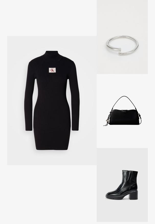 Must mustriba pikad varrukad dresses kõrge kraega ja ristküliku kujuga Calvin Kleini logo patchiga esiküljel. Lihtne, keha ligi põrkav disain.; Mustmustest must paeltega särkide, millel on kõver varvas, elastsed külgpaneelid ja jäme plokkpealse. Tagaküljel on reljeefne logo.; Must ristkülikukujuline Calvin Kleini käekott, millel on üks ülemine rihm, hõbedane logo ripats ja ees väike klapiga sulgur.; Calvin Klein SPIRAL - Käevõru - silver-coloured
