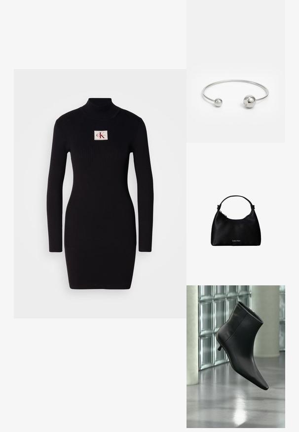 Robe noire à manches longues côtelées avec un col montant et un patch logo rectangulaire de Calvin Klein sur le devant. Design simple et près du corps.; Bottine en cuir noir à bout pointu et petit talon kitten, présentée en angle devant un sol poli et un mur en blocs de verre.; Sac à main en cuir noir texturé avec une seule bandoulière et un logo Calvin Klein argenté sur le devant, fermeture éclair sur le côté.; Bracelet jonc en métal argenté avec deux accents sphériques à chaque extrémité, surface lisse, design ouvert et forme épurée et minimaliste.