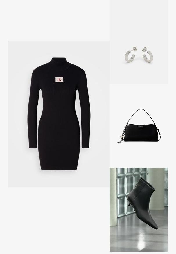 Schwarzes, geripptes Langarmkleid mit hohem Kragen und rechteckigem Calvin Klein-Logo-Patch auf der Vorderseite. Einfaches, figurbetontes Design.; Schwarzer Leder-Stiefelette mit spitzer Zehenpartie und niedrigem Kitten-Heel, schräg dargestellt vor einem polierten Boden und einer Glasbausteinwand.; Schwarze, rechteckige Calvin Klein Handtasche mit einem einzelnen Tragegriff oben, silbernem Logo-Anhänger und kleinem Klappverschluss auf der Vorderseite.; Silberne Metall-Hoops mit strukturiertem Design, ausgestattet mit einem kleinen Steckverschluss und Branding an einem Hoop. Abgerundete Form mit glänzender Oberfläche.