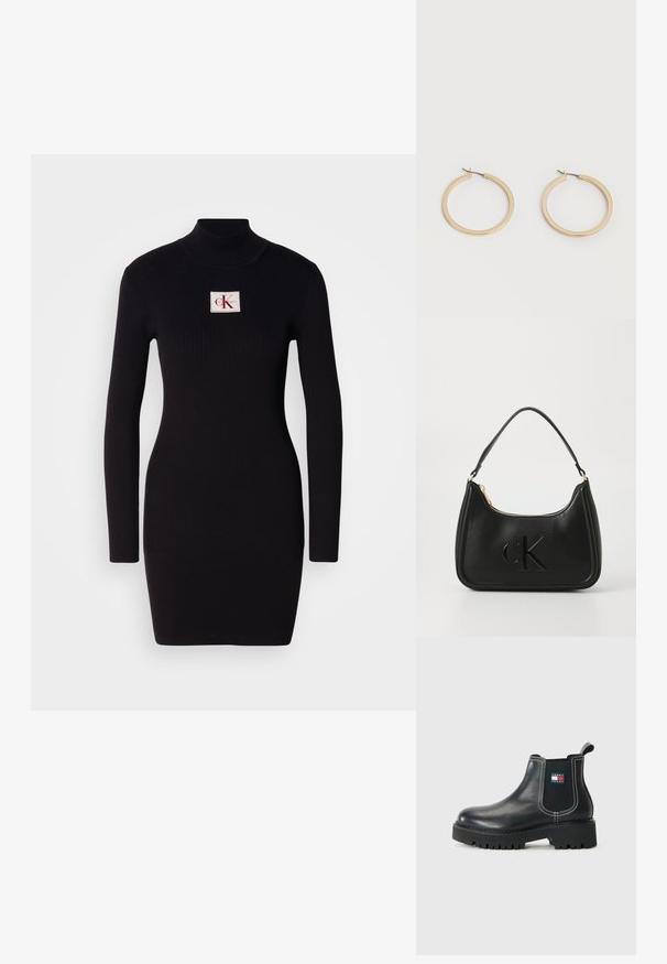 Sort ribbet langærmet kjole med høj krave og en rektangulær Calvin Klein logo-patch på forsiden. Enkel, tætsiddende design.; Sorte Chelsea støvler lavet af læder, med elastiske sidelapper, kontrasterende hvid syning og en struktureret gummisål.; Sort læder håndtaske med en buet form, der har en guldfarvet lynlås og et subtilt præget "cK" logo. Glat tekstur og et enkelt håndtag.; Par af glatte guldfarvede mellemstore øreringe med hængsellukning på en ensartet lys baggrund.