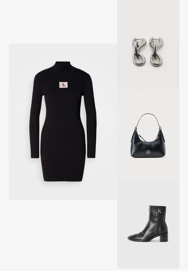 Must mustriba pikad varrukad dresses kõrge kraega ja ristküliku kujuga Calvin Kleini logo patchiga esiküljel. Lihtne, keha ligi põrkav disain.; Must musta ankle boot terava nina, plokke konts ja rihm, millel on metalliline logo detail. Sile tekstuur ja minimaalne disain.; Must mustraskotist õlakott, millel on üks käepide, lukuga sulgemine ja ees väike ruudukujuline hõbedane logo.; Hõbedatoonides metallist kõrvarõngad abstraktse üksteisega põimunud aasade disainiga valgel taustal.