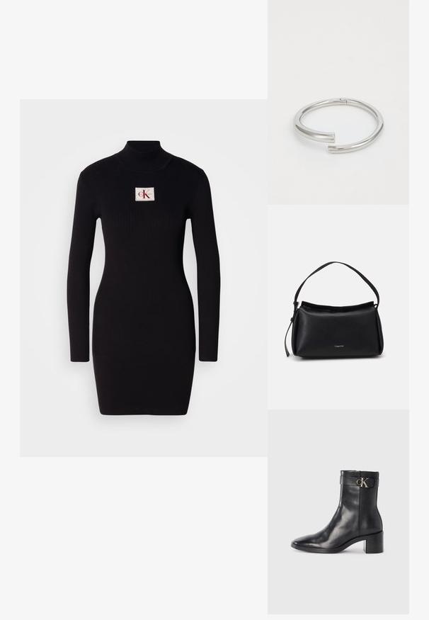 Schwarzes, geripptes Langarmkleid mit hohem Kragen und rechteckigem Calvin Klein-Logo-Patch auf der Vorderseite. Einfaches, figurbetontes Design.; Schwarze Leder-Ankle Boots mit spitzem Zehenbereich, Blockabsatz und einem Riemen mit einem metallischen Logodetail. Glatte Textur und minimales Design.; Schwarze Lederhandtasche mit geschwungener Form, einem einzigen Tragegurt und einem oberen Reißverschluss. Verfügt über ein dezentes Logo auf der Vorderseite zur Markenidentifikation.; Calvin Klein SPIRAL - Armband - silver-coloured