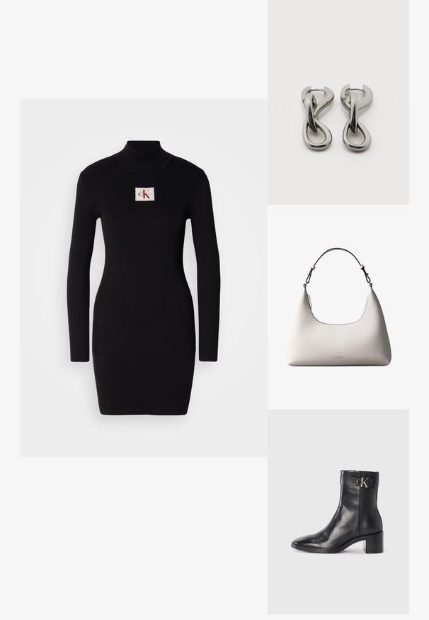 Must mustriba pikad varrukad dresses kõrge kraega ja ristküliku kujuga Calvin Kleini logo patchiga esiküljel. Lihtne, keha ligi põrkav disain.; Must musta ankle boot terava nina, plokke konts ja rihm, millel on metalliline logo detail. Sile tekstuur ja minimaalne disain.; Kreemjagu Calvin Kleini nahast õlakott kõverdatud ülaäärtega, hõbedase tõmblukuga ja tumepruuni reguleeritava rihmaga.; Hõbedatoonides metallist kõrvarõngad abstraktse üksteisega põimunud aasade disainiga valgel taustal.
