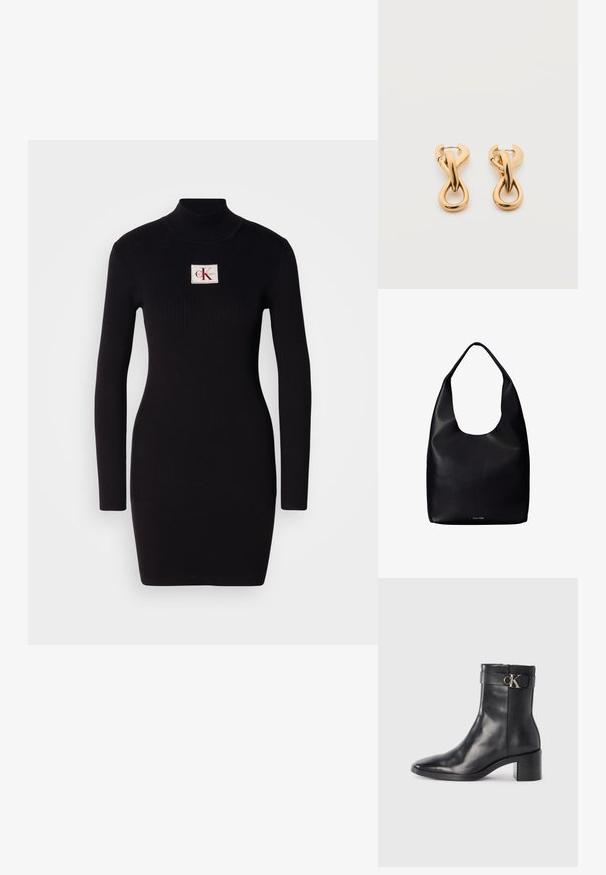 Schwarzes, geripptes Langarmkleid mit hohem Kragen und rechteckigem Calvin Klein-Logo-Patch auf der Vorderseite. Einfaches, figurbetontes Design.; Schwarze Leder-Ankle Boots mit spitzem Zehenbereich, Blockabsatz und einem Riemen mit einem metallischen Logodetail. Glatte Textur und minimales Design.; Schwarze Leder-Shopper-Tasche mit einem breiten einzelnen Schulterriemen und einem dezenten Calvin Klein-Logo in der unteren Mitte.; Paar glänzende goldfarbene Creolen mit verschlungenem, verdrehtem Design auf schlichten weißem Hintergrund.