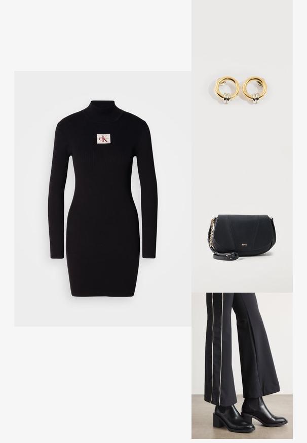 Schwarzes, geripptes Langarmkleid mit hohem Kragen und rechteckigem Calvin Klein-Logo-Patch auf der Vorderseite. Einfaches, figurbetontes Design.; Schwarze Lederstiefeletten mit einem Blockabsatz, ausgestattet mit elastischen seitlichen Einsätzen. Kombiniert mit schwarzen Hosen, die einen weißen Seitenstreifen haben.; Schwarze Leder-Umhängetasche mit goldener Kettenriemen-Detailierung und "BOSS"-Logo, geprägt auf der vorderen mittigen Klappe.; Goldene runde Ohrringe mit jeweils zwei kleinen silbernen Ringen, die dezent gravierte Markennamen zeigen, vor weißem Hintergrund platziert.