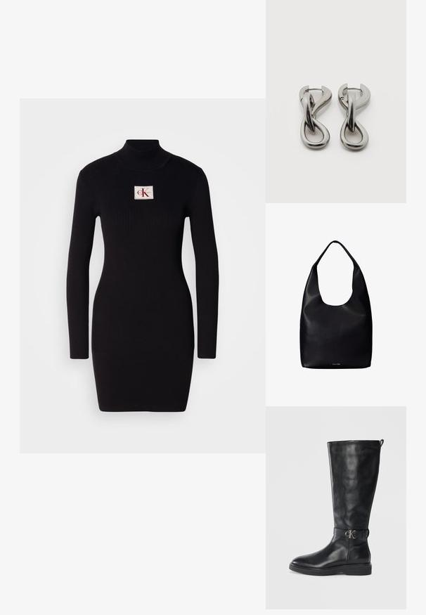 Schwarzes, geripptes Langarmkleid mit hohem Kragen und rechteckigem Calvin Klein-Logo-Patch auf der Vorderseite. Einfaches, figurbetontes Design.; Schwarze Lederkniehohe Stiefel mit niedrigem Absatz, runder Spitze und metallischem "CK"-Logo-Riemen um den Knöchel.; Schwarze Leder-Shopper-Tasche mit einem breiten einzelnen Schulterriemen und einem dezenten Calvin Klein-Logo in der unteren Mitte.; Paar silberfarbene Metallohrringe mit abstraktem ineinandergreifendem Schlaufen-Design auf weißem Hintergrund.