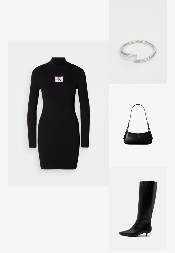 Robe noire à manches longues côtelées avec un col montant et un patch logo rectangulaire de Calvin Klein sur le devant. Design simple et près du corps.; Botte noire en cuir jusqu'au genou avec bout pointu et petit talon kitten sur un fond clair uni.; Mini sac à bandoulière en cuir noir avec une fine bandoulière et un petit logo CK doré au centre avant.; Calvin Klein SPIRAL - Bracelet - silver-coloured