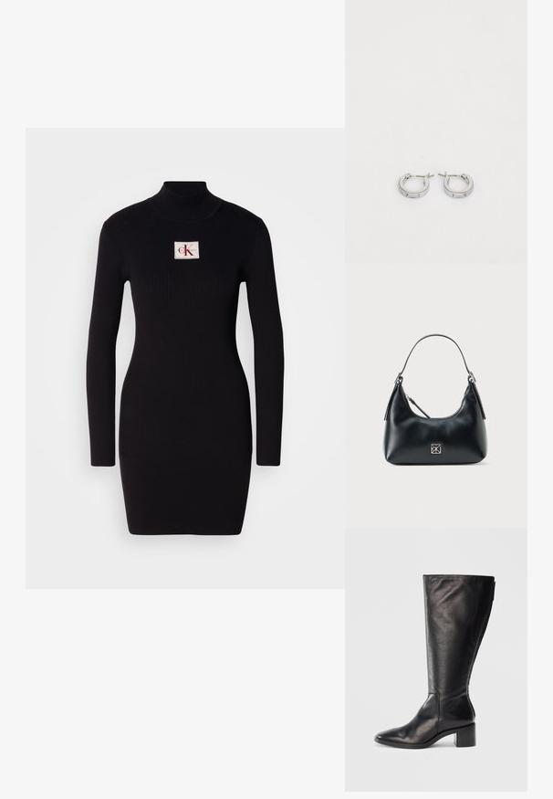Schwarzes, geripptes Langarmkleid mit hohem Kragen und rechteckigem Calvin Klein-Logo-Patch auf der Vorderseite. Einfaches, figurbetontes Design.; Schwarze Lederkniehohe Stiefel mit quadratischer Spitze, Blockabsatz und schlankem Design. Glatte Textur mit einem seitlichen Reißverschluss für einfaches Anziehen.; Schwarze Leder-Schultertasche mit einem einzelnen Griff, Reißverschluss und einem kleinen quadratischen silbernen Logo auf der Vorderseite.; Silberne Creolen mit einer glatten, polierten Oberfläche, die ein einfaches Design und einen sicheren Verschluss aufweisen. Jede Ohrringform ist rund und kompakt.