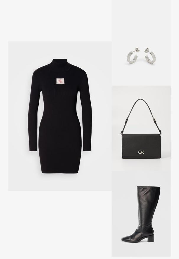 Schwarzes, geripptes Langarmkleid mit hohem Kragen und rechteckigem Calvin Klein-Logo-Patch auf der Vorderseite. Einfaches, figurbetontes Design.; Schwarze Lederkniehohe Stiefel mit quadratischer Spitze, Blockabsatz und schlankem Design. Glatte Textur mit einem seitlichen Reißverschluss für einfaches Anziehen.; Schwarze Leder-Crossbody-Tasche mit glatter Textur, Klappverschluss und silbernem Logo-Akzent. Mit verstellbarem Schultergurt.; Silberne Metall-Hoops mit strukturiertem Design, ausgestattet mit einem kleinen Steckverschluss und Branding an einem Hoop. Abgerundete Form mit glänzender Oberfläche.