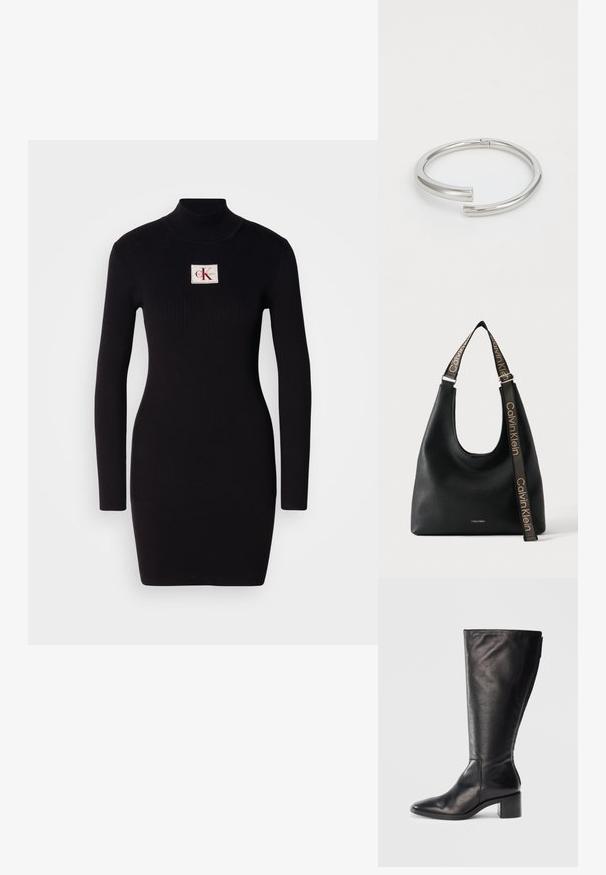 Must mustriba pikad varrukad dresses kõrge kraega ja ristküliku kujuga Calvin Kleini logo patchiga esiküljel. Lihtne, keha ligi põrkav disain.; Must must nahkane kõrge varbaga saabas, millel on ruudukujuline varvas, plokknina ja voolav disain. Sile tekstuur ja külgzipper lihtsaks selga panemiseks.; Mustast Calvini Kleini nahast õlakott lai reguleeritava rihmaga, millel on korduv Calvin Kleini logo beeži värvi.; Calvin Klein SPIRAL - Käevõru - silver-coloured