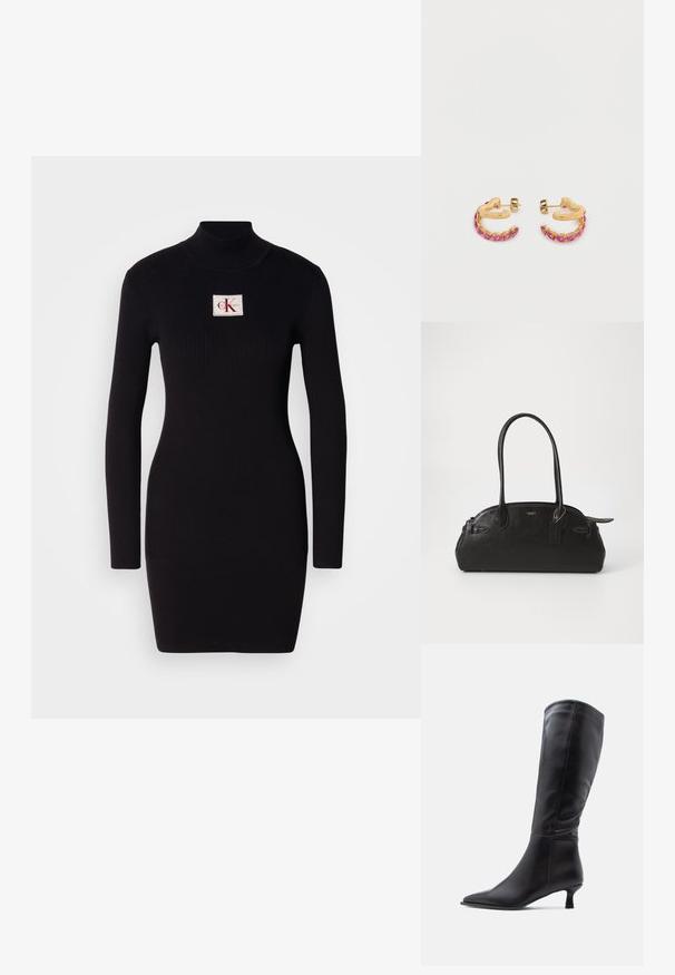 Must mustriba pikad varrukad dresses kõrge kraega ja ristküliku kujuga Calvin Kleini logo patchiga esiküljel. Lihtne, keha ligi põrkav disain.; Mustast nahast põlveni ulatuv saabas terava varba ja õhukese kandega. Sile tekstuur, keha järgiva sääreosa disain ja minimaalne metalldetailid.; Mustast nahkakotist, millel on ümmargune kuju, kaks pikka käepidet, kuldse viimistlusega detailid ja küljes väike silt. Pealne sulguri sulgemine.; Kuldset värvi rõngaskujulised kõrvarõngad, millel on roosad kivisillutised ja tekstuuriga pind, kinnitatuna postituse ja tagumise kinnitusega.