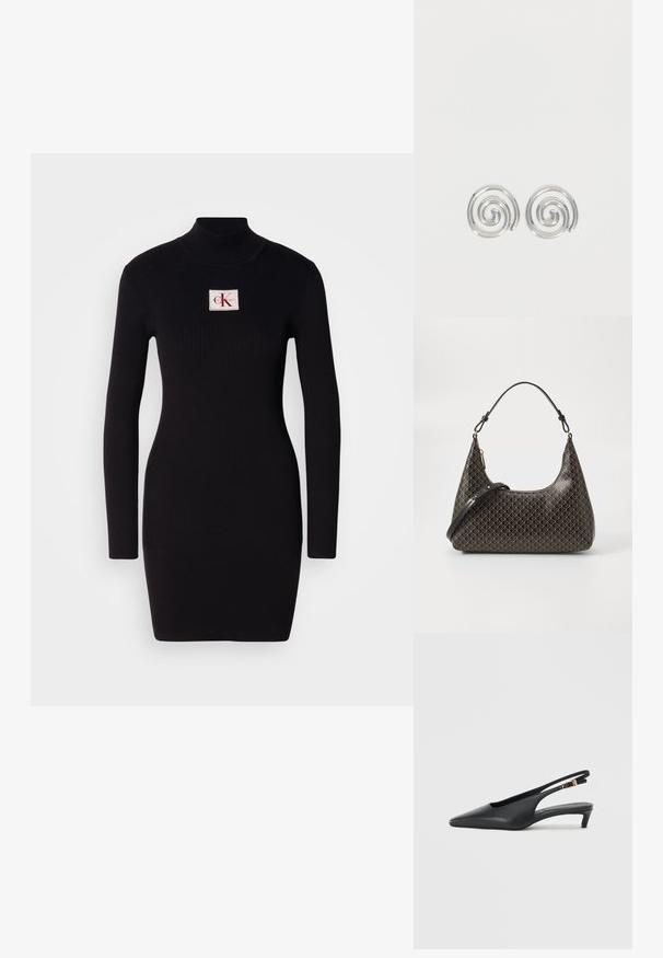 Zwarte geribbelde lange jurk met hoge kraag en een rechthoekige Calvin Klein logo patch aan de voorkant. Eenvoudig, aansluitend ontwerp.; Zwarte slingback pumps met een spitse neus, een gladde leren textuur, een lage kittenhak en een bandje met een metalen gespaccent.; Zwarte leren schoudertas met een herhalend beige geometrisch patroon, gouden rits en twee verstelbare banden op een witte achtergrond.; Een paar zilveren spiraalvormige oorringen met een glad, afgerond ontwerp op een effen witte achtergrond.