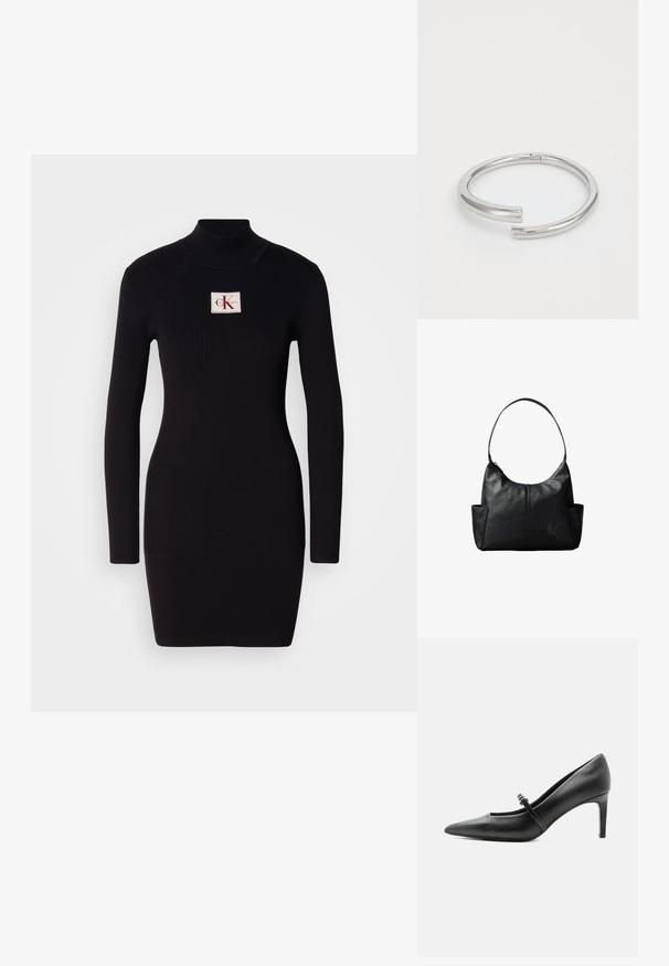 Schwarzes, geripptes Langarmkleid mit hohem Kragen und rechteckigem Calvin Klein-Logo-Patch auf der Vorderseite. Einfaches, figurbetontes Design.; Schwarzer Leder-Pumps mit spitzer Zehenpartie, dünnem Riemen und Schnalle über dem Spann, stehend auf hellem neutralem Hintergrund.; Schwarze Leder-Umhängetasche mit einem einzelnen Schulterriemen, Seitentaschen und einem dezent geprägten Calvin Klein-Logo vorne unten rechts.; Calvin Klein SPIRAL - Armband - silver-coloured